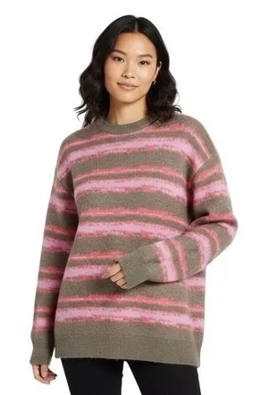 Zara Striped Knit Crewneck Sweater Pink Green Grunge Oversized Size M thumbnail 1