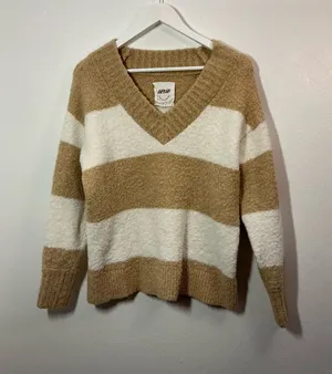 Aerie Cozy V-Neck Striped Sweater in Cream & Tan Size XS thumbnail 1