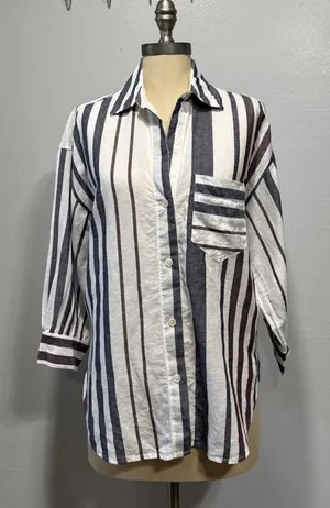 MADEWELL Striped Button-Up Shirt in Linen-Cotton Womens S Shirred 3/4 Sleeves thumbnail 1