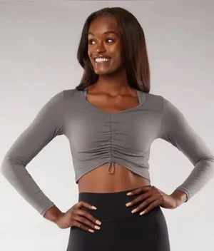 Buffbunny Women's Grey Long Sleeve Ruched Crop Athletic Top Medium thumbnail 1