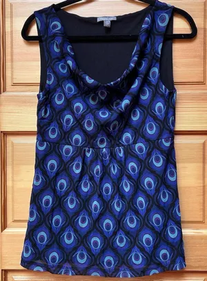 VTG Y2K Womens Blue Peacock Feather Sheer Mesh Babydoll Tank Top Size Small Boho thumbnail 1