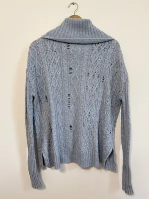 Free People Blue Distressed Turtleneck Sweater Size XS Oversized Wool Cable Knit thumbnail 4