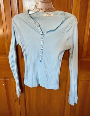 Baby Blue Y2K Ribbed Long Sleeve Henley thumbnail 1