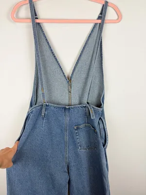 Lel Lab Denim Wide Leg Jumpsuit Baggy Plunging Neck Open Back Size 38/ Medium thumbnail 8