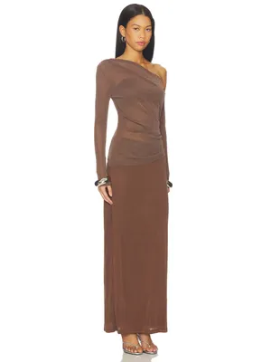 SOVERE Zeya One Shoulder Mesh Maxi Dress Mocha Ruched Sheer Long Sleeve Evening thumbnail 3