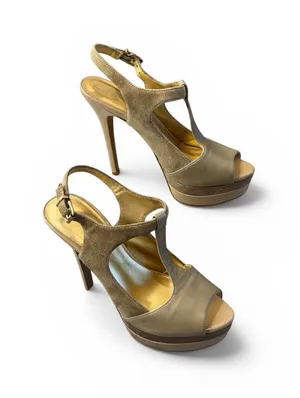 Jessica Simpson‎ Tan Gold Suede Patent Platform T-Strap Peep Toe Heels 7.5B thumbnail 1