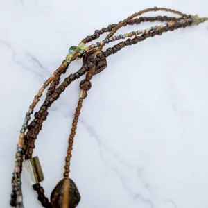 Vintage Necklace Multi Strand Glass? Amber Tone Brown Green Statement thumbnail 7