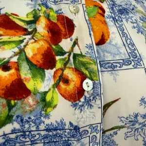 Rose + Olive Fruit Toile Button Shirt Sz L Euro Summer Cottage Resort Peaches thumbnail 4