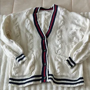 American Eagle Classic White Cable Knit Cardigan with Navy and Red Accents thumbnail 1