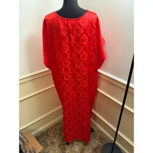Vintage 80s Red Floral Satin Jacquard Oversized Muumuu Dress Loungewear Caftan thumbnail 5