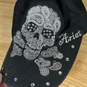 Ariat Black Cotton Cadet Hat Silver Embroidered Sugar Skull Rhinestone Distress thumbnail 2