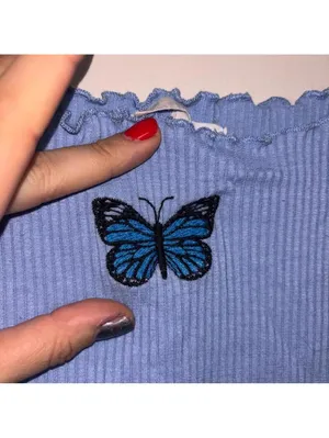 Caution to the Wind Y2K Blue Ribbed Tank Top with Butterfly DetailCrop Top Tank thumbnail 2