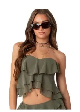 Edikted olive green chiffon ruffled cropped tube top thumbnail 1