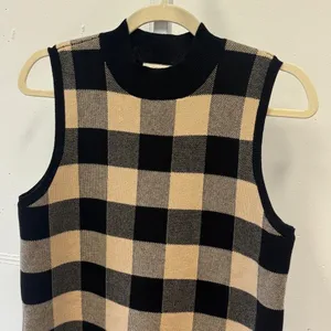 Loft Outlet Black Tan Buffalo Plaid Mock Neck Sleeveless Sweater Vest Top Career thumbnail 3