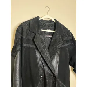 Women's Leather Coat Long Trench Black Patchwork Gothic Print Whimsigoth Moto 80 thumbnail 2