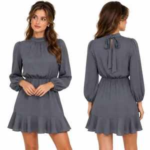 Vici Mini Dress Gray Ruffle Tie Back Textured Ballon Sleeve Coquette Size M thumbnail 2