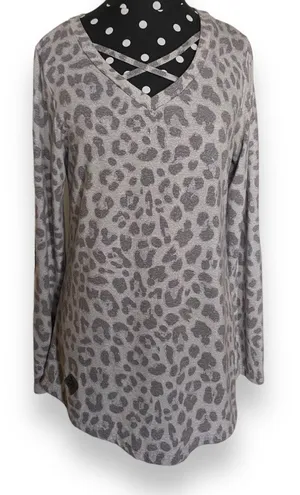 Simply Southern Womens Tunic Size Small Gray Leopard‎ Print Sequined Elbows Top thumbnail 1