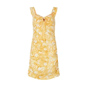 Louna Yellow Floral Ruched Mini Slip Dress XS Cotton Vacation Designer $200 thumbnail 9
