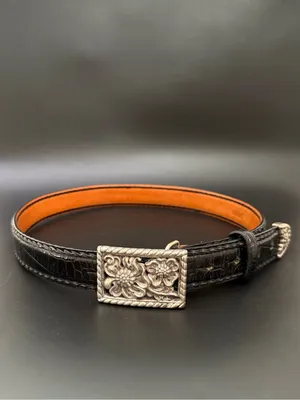 Vintage BRIGHTON 97033 Black Embossed Croc Leather Floral Buckle Belt Size ML 32 thumbnail 3