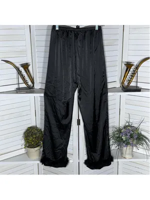 Vintage Y2K black satin pants faux fur ankles wide leg elastic waist whimsigoth thumbnail 2