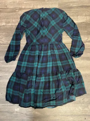 J.Crew Green & Navy Plaid Tiered Dress | Long Sleeve V-Neck | Size 0 | Classic thumbnail 3