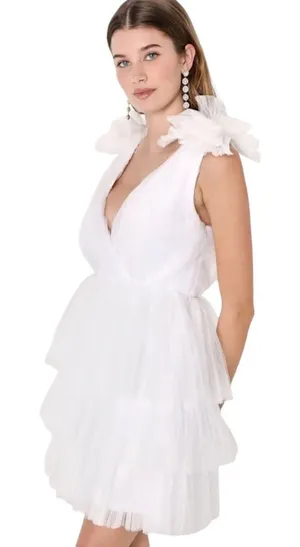 Sz L Lulus Dramatic Arrival White Tulle Tiered Surplice Mini Dress thumbnail 1