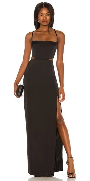 NWT Nookie Stella Cutout SzL Black Strappy Lace Up Sleeveless Maxi Cocktail Gown thumbnail 1