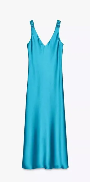 Zara midi dress turquoise blue satin effect evening casual wedding thumbnail 3