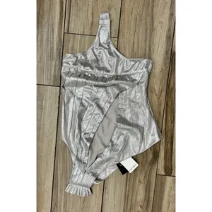 Retrofête Cassie‎ Lamé One-Shoulder Bodysuit Gunmetal Size S thumbnail 4