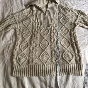 Free People Driftwood Cableknit Polo Sweater in Ivory Size Large thumbnail 6