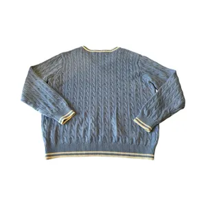 J Galt Shanghai Blue Cable‎ Knit V-Neck Sweater Striped Trim Preppy Pullover thumbnail 2