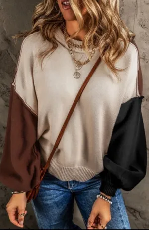 NEW Brown Black and Tan Colorblock Bishop Sleeve Sweater thumbnail 1