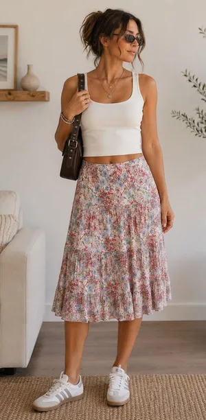Chaps Denim Womens Large Pink Blue Floral Tiered Cotton Midi Skirt Boho Cottage thumbnail 1
