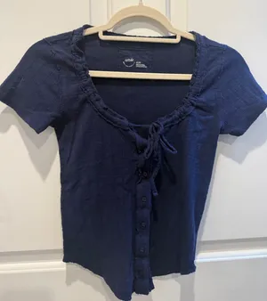 aerie Navy Short Sleeve Tie-Front Button Ribbed Top thumbnail 1