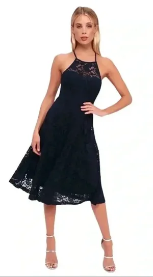 Lulu’s NWT My Kingdom Navy Blue Lace Strappy‎ Back Midi Dress Womens Size… thumbnail 1