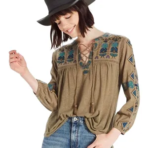 Lucky Brand Embroidered Lace-Up Peasant Blouse Boho Western Top S thumbnail 1