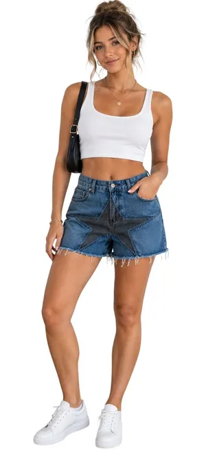 ROMWE Women’s Star Patchwork Denim Shorts Blue Raw Hem Size Medium Jorts thumbnail 1