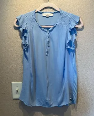 Ann Taylor LOFT Women’s Petite Ruffle Button Mixed Media Top PM Petite Medium thumbnail 2