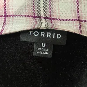 Torrid Womens Blouse 0 L 12 Berry Purple & Ivory Plaid Tie Front Midi Dolman NEW thumbnail 6