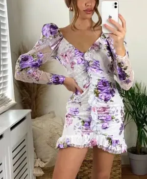 For Love & Lemons - Wildflower Foil Lace Mini Dress in Lavender ,‎ size Small thumbnail 1