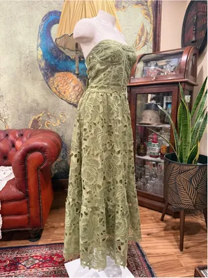 Glam Sage Green Lace Corset Maxi Dress Strapless Cutout Crochet Floral XL Summer thumbnail 4