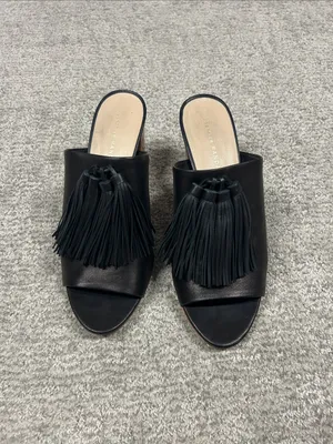 Loeffler Randall Clo Tassel Mules Womens 8.5 Black Leather stacked heels thumbnail 3