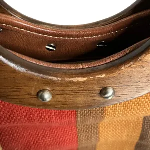 Fossil Multi Colored Striped Leather Trim Wood Handle Satchel Purse thumbnail 3