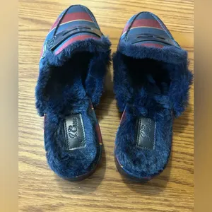 J. Crew Faux Fur Lined Academy Loafers Slide Mules Burgundy Striped Size 7.5 thumbnail 4