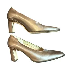 Evan-Picone New York Metallic Bronze Leather Block Heel Pumps Size 8B thumbnail 1