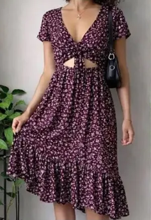 Abercrombie & Fitch Burgundy Floral Ruffle Hem Midi Dress thumbnail 1