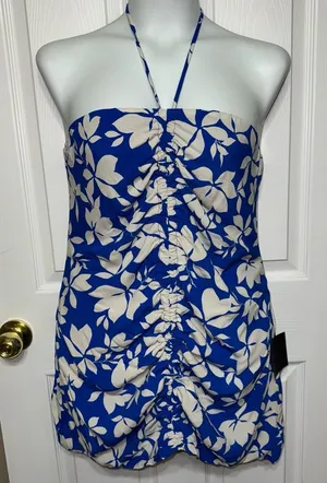LULUS Show Off Time Blue Floral Print Ruched Halter Bodycon Dress Size XL NWT thumbnail 1