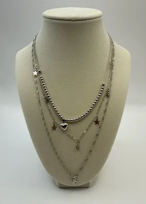 Silver Tone Triple Layered Necklace Heart Star Charms Beaded & Rope Chain Set thumbnail 1