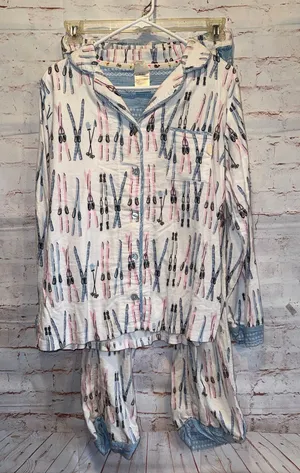 Munki Munki Women’s Ski Print Button Front Pajama Top pants S White Blue Pink thumbnail 1