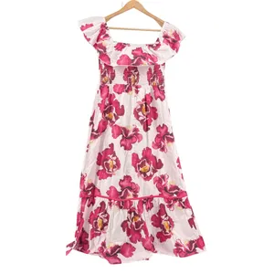 Anthropologie Ro's Garden Chelsea Smocked Midi Dress Cotton Off Shoulder‎ Large thumbnail 6